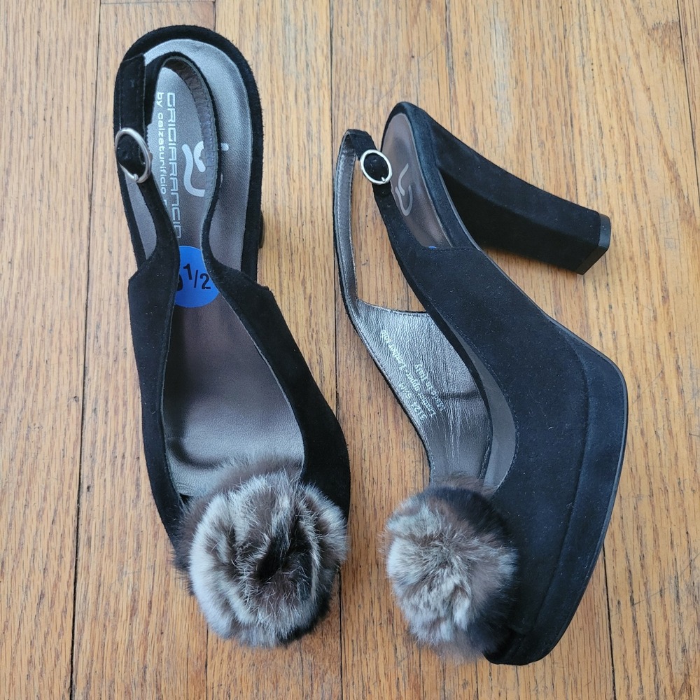 Grigiarancio 6.5 Slingback Heels Black Suede Fur Pom Peep‎ Toe Platform ITALY